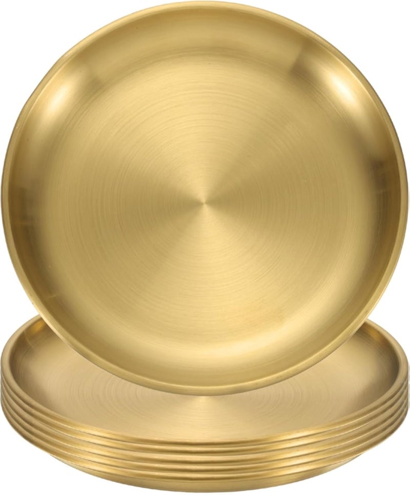 uxcell 6Pcs Stainless Steel Dinner Plates, 5.5" Round Serving Plate Dishes Set Flat Metal Dinner Dishes Plate for Restaurants Kitchen Dessert Salad Food Outdoor Camping, Gold